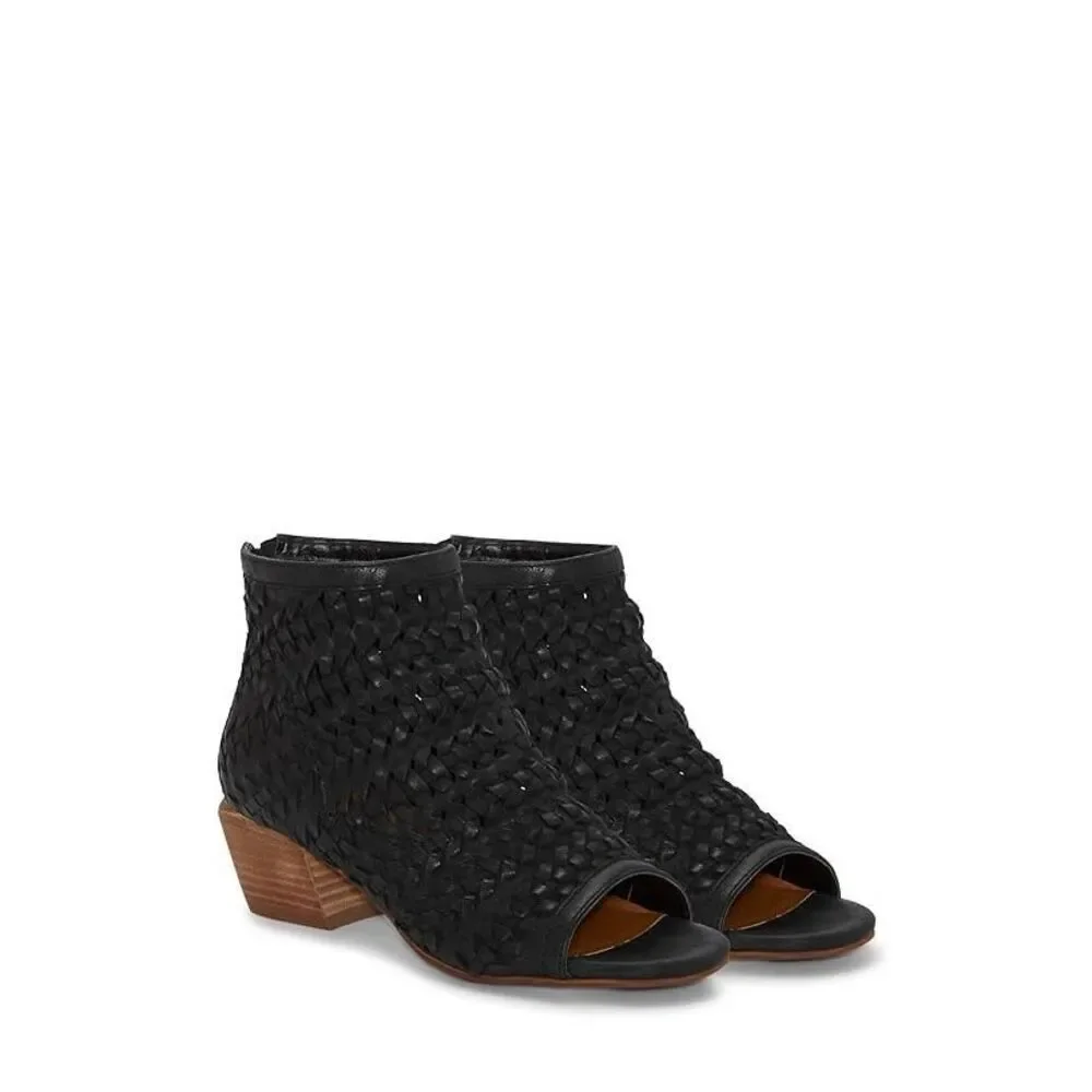 Lucky Brand Women's Mofira Woven Peep Toe Bootie Ankle Boot black leather sz 7.5